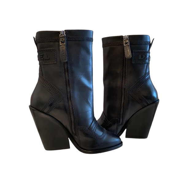 Diesel Flamingo Black leather wedge Boots 6 New - Picture 3 of 15